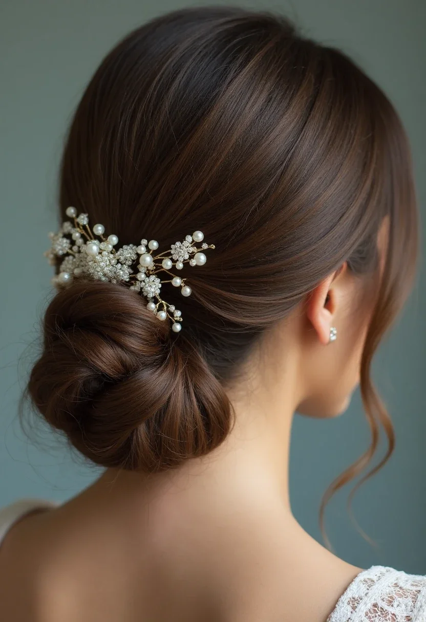 Woman with an elegant low bun and a pearl-studded hairpiece.
