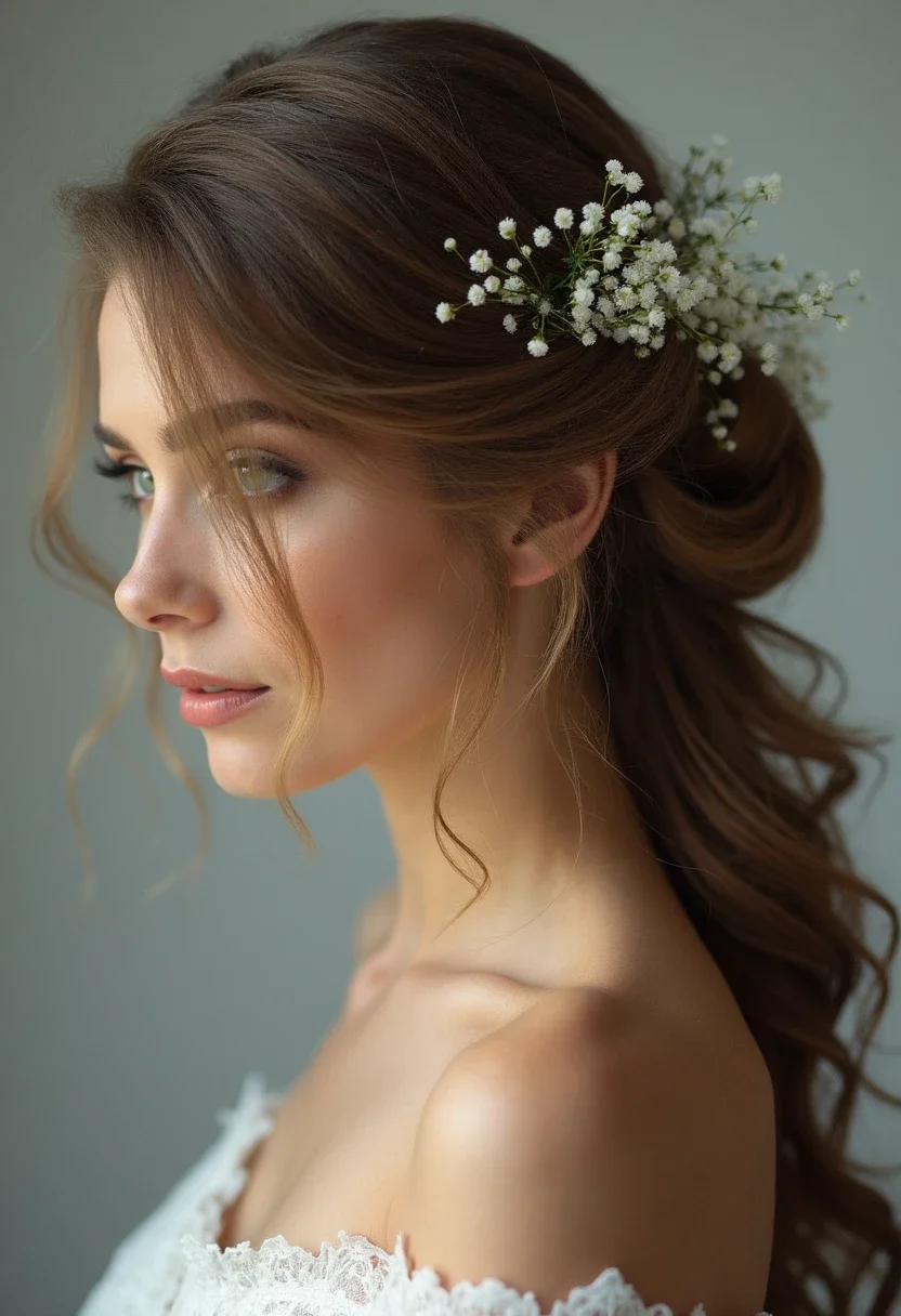 Woman with a twisted half-up hairdo with a sprig of baby's breath.
