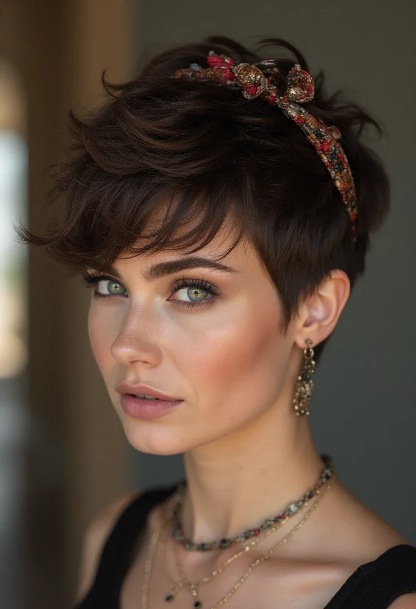 Woman with a textured pixie cut and a statement headband.