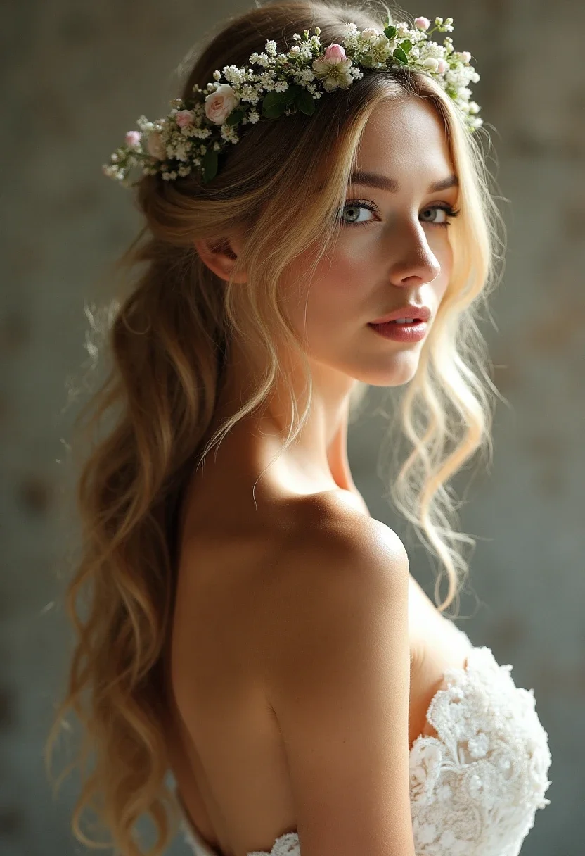 Bride with long loose waves and a floral headband.