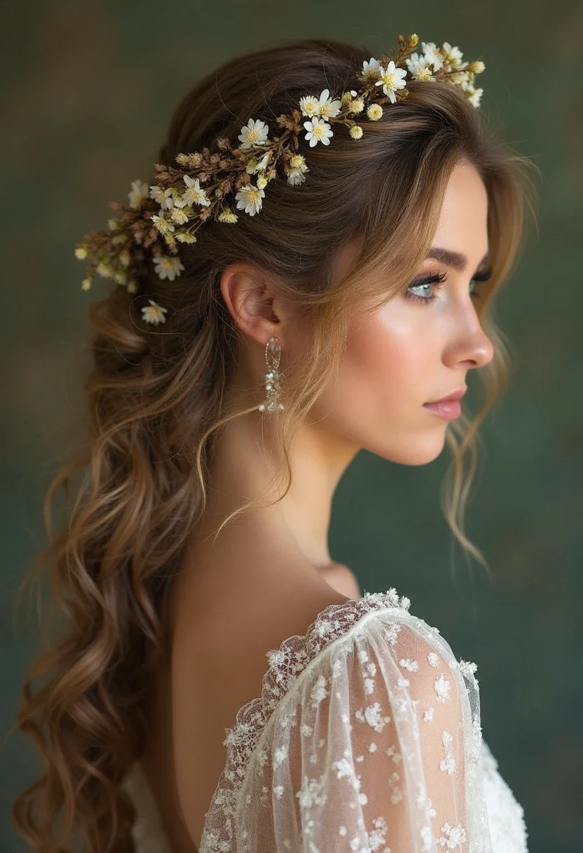 Bride with a rustic fishtail braid and small wildflowers.