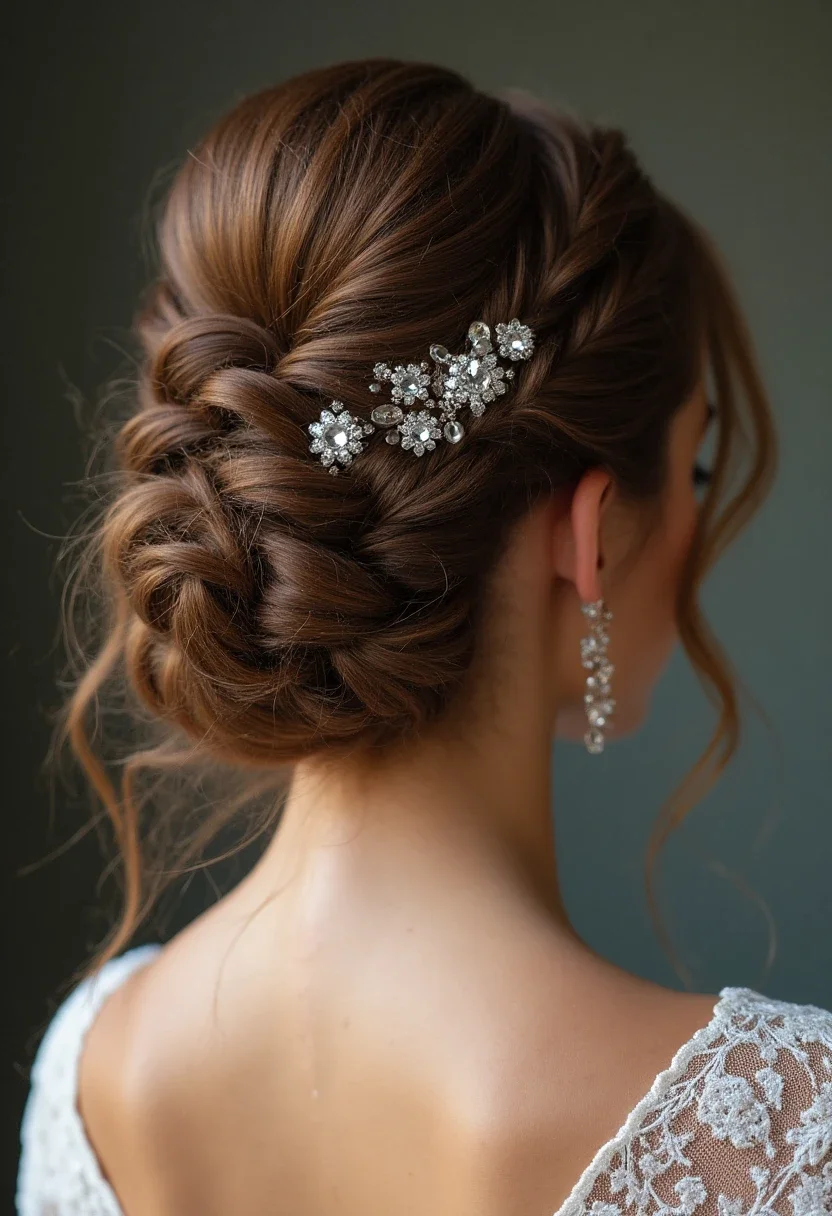 Bride with an intricate updo and jeweled pins.