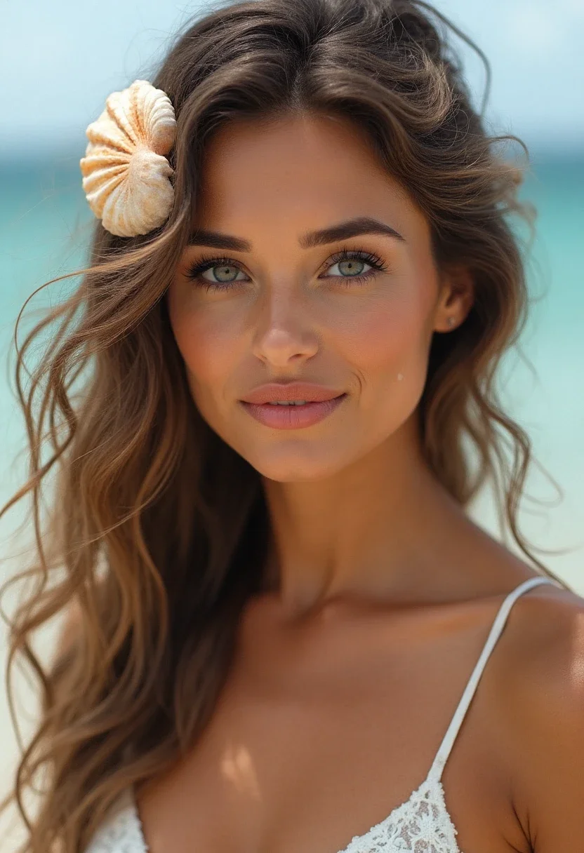 Bride with effortless beach waves and a seashell hair accessory.