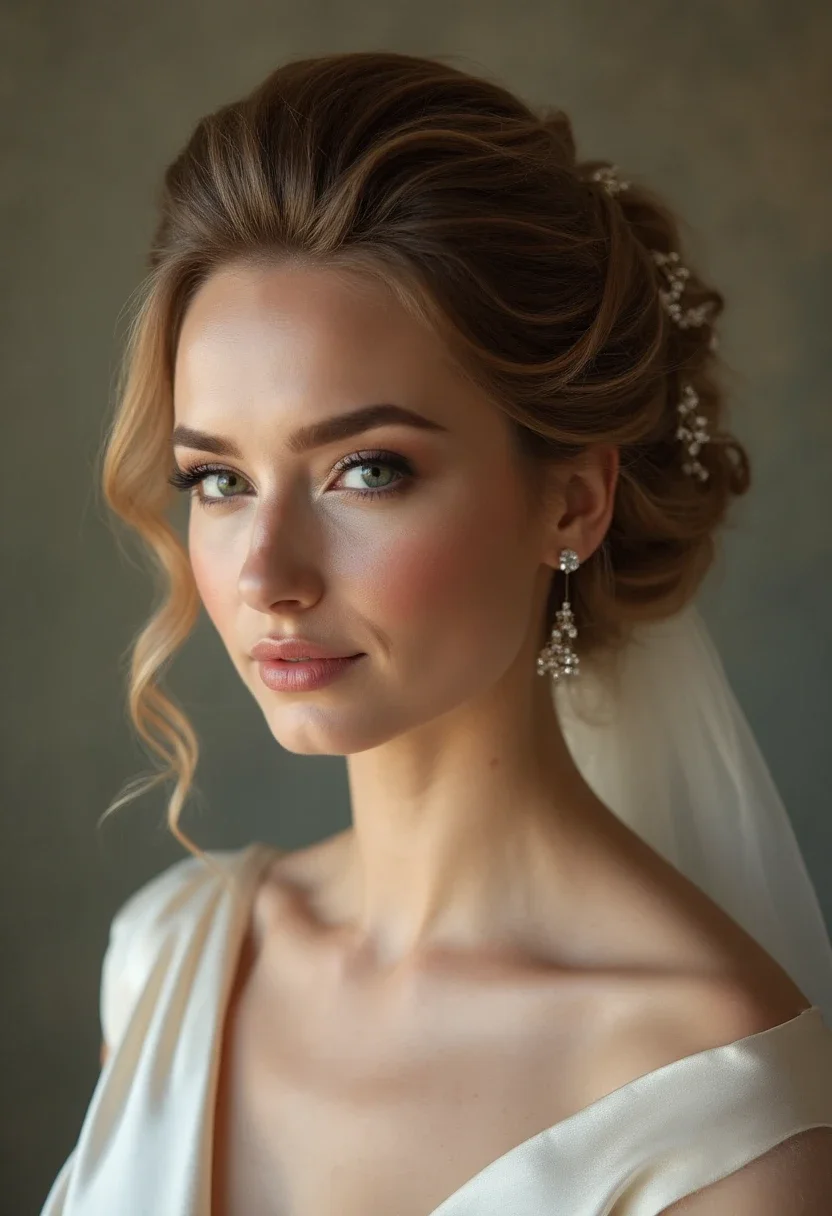 Bride with an elegant French twist hairstyle and diamond pins.