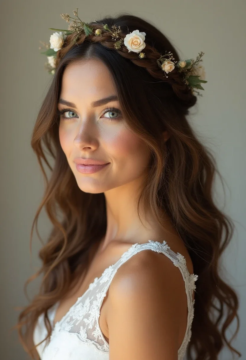 Bride with a boho braided crown and small flowers.