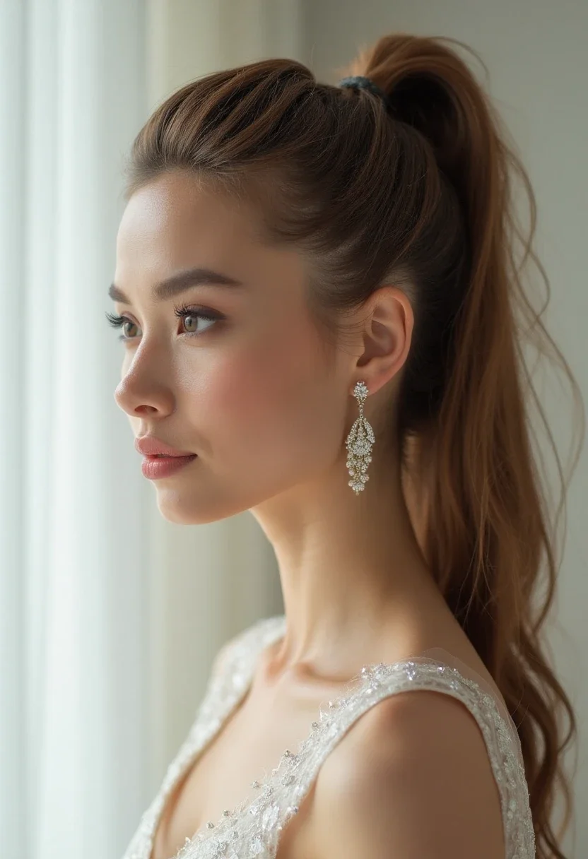 Bride with a sleek high ponytail and minimalist wedding dress.