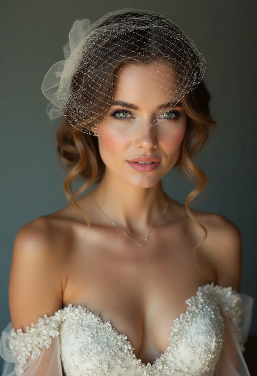 Bride with vintage finger waves and a birdcage veil.