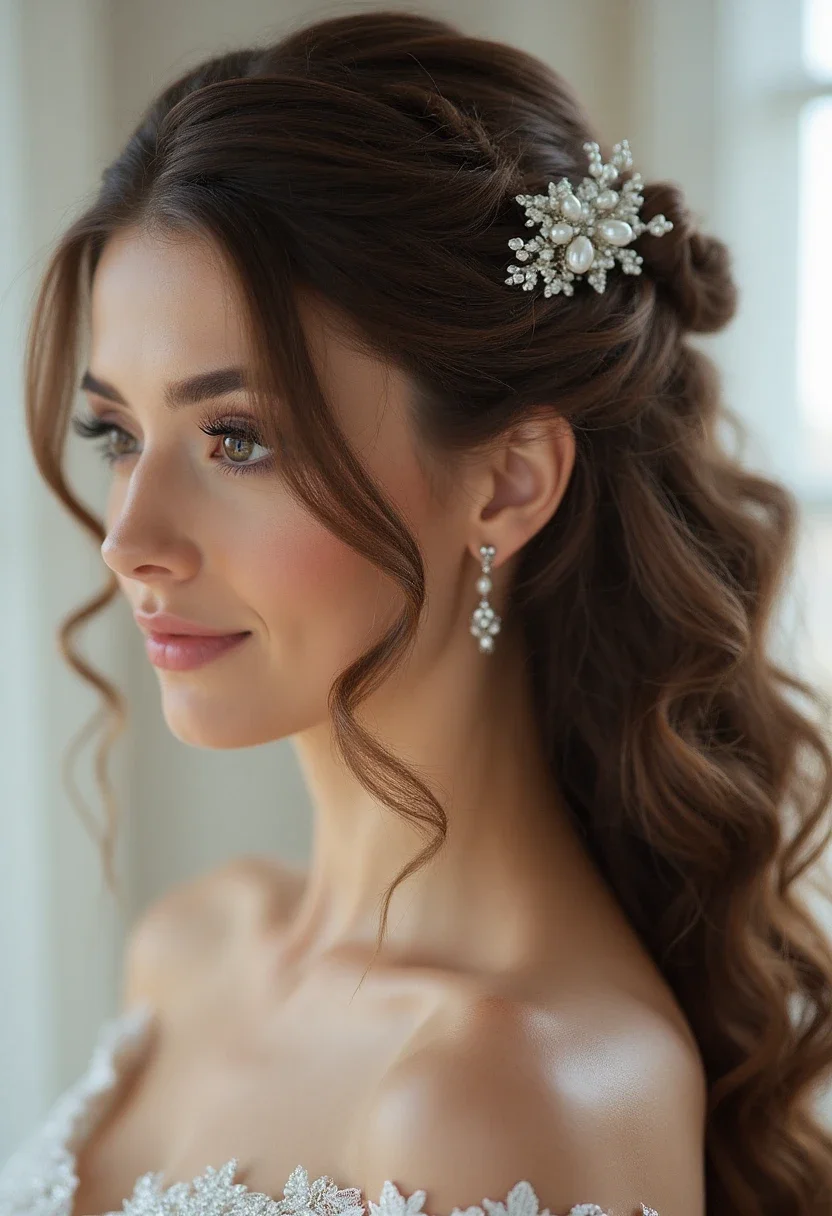 Bride with a half-up half-down hairstyle and a pearl hairpin.