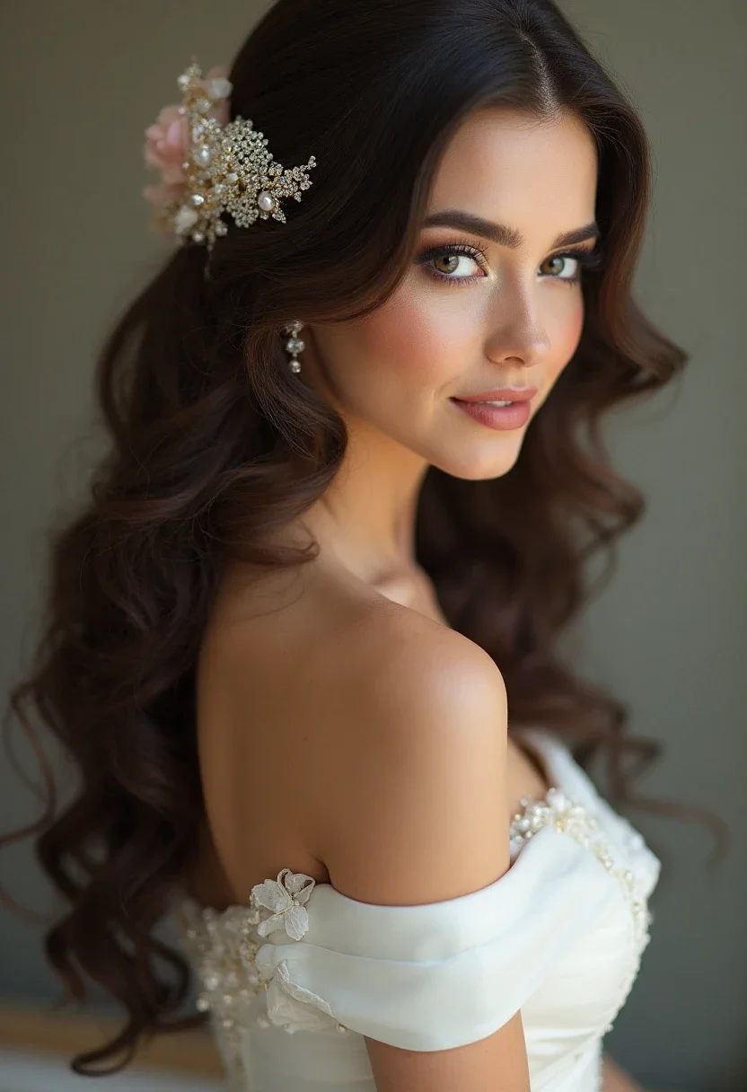 Bride with glamorous Hollywood curls and a jeweled headpiece.