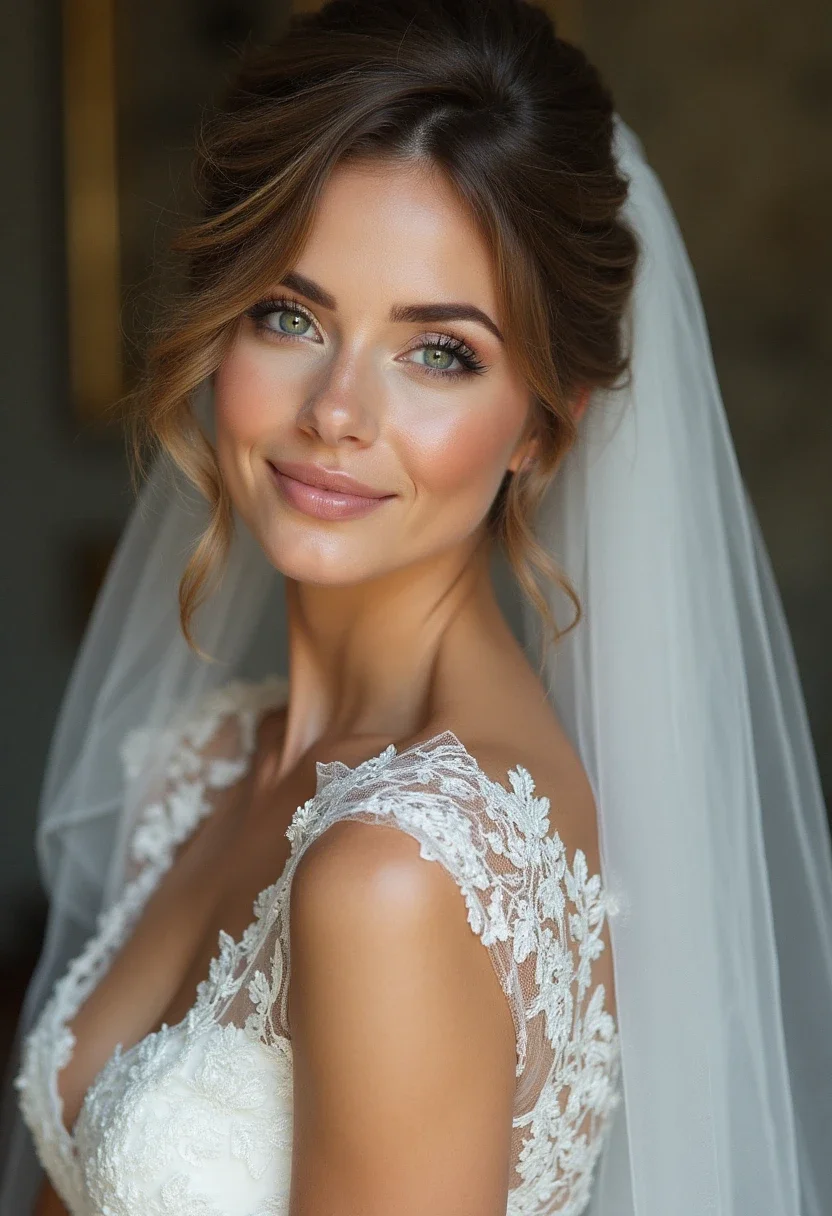 Bride with a chic low bun and a simple veil.