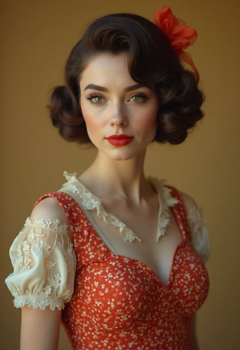 Vintage roll hairstyle with a retro dress
