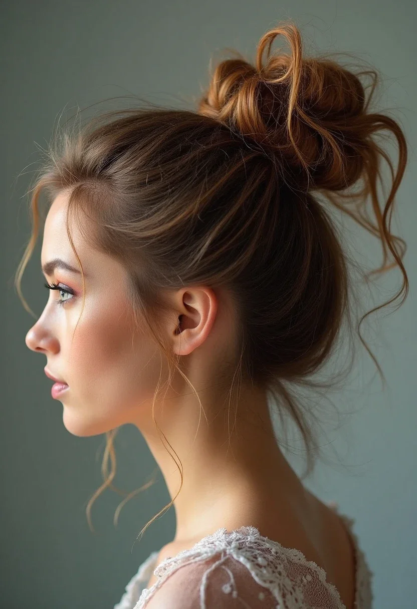 Messy bun with natural tendrils
