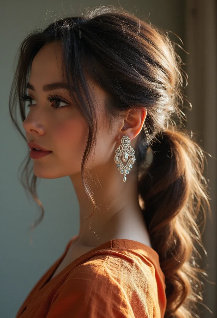 Effortless low ponytail with intricate earrings