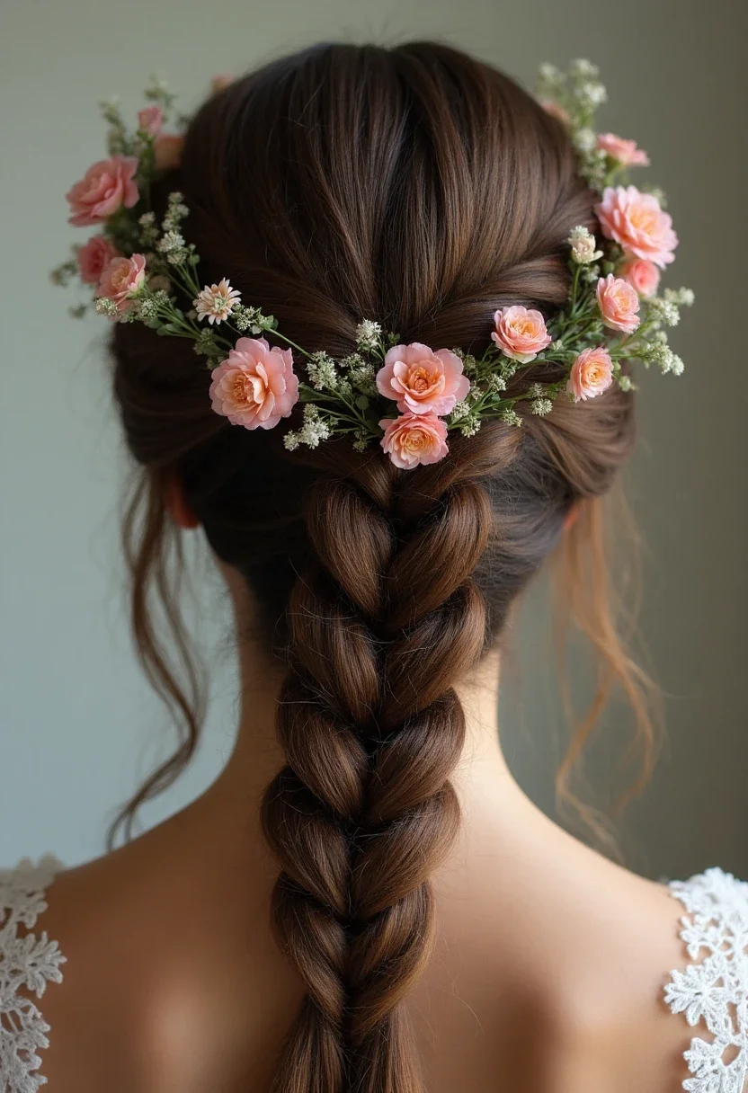 Braided crown hairstyle with small flowers