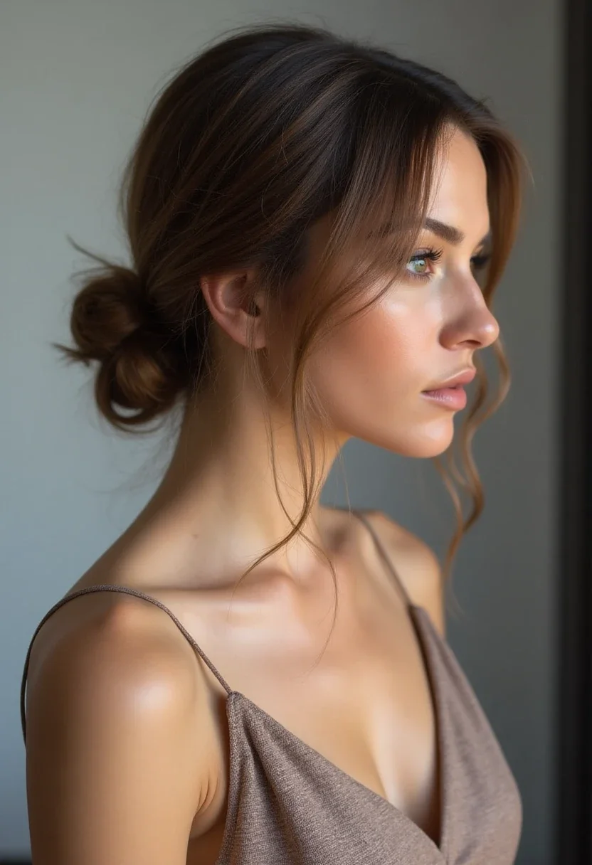 Low bun hairstyle with loose strands