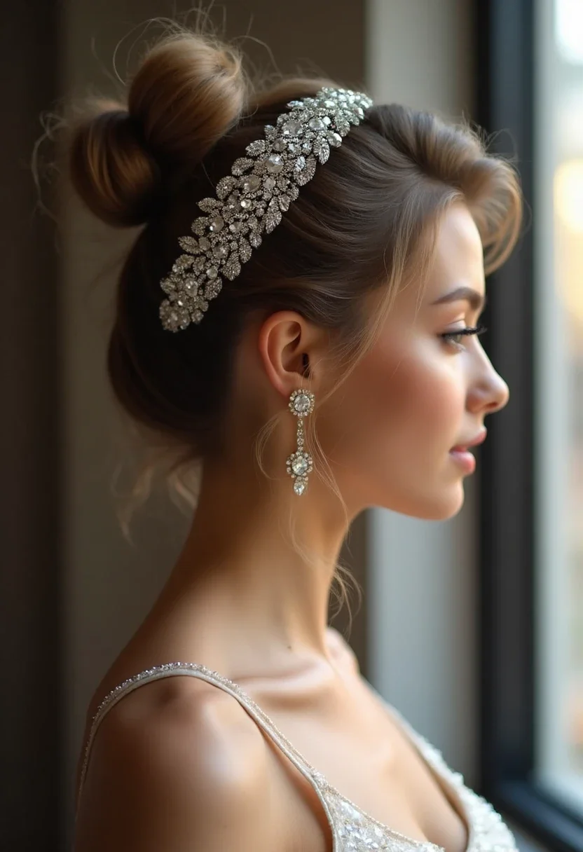 Sleek top knot with a jeweled hairband