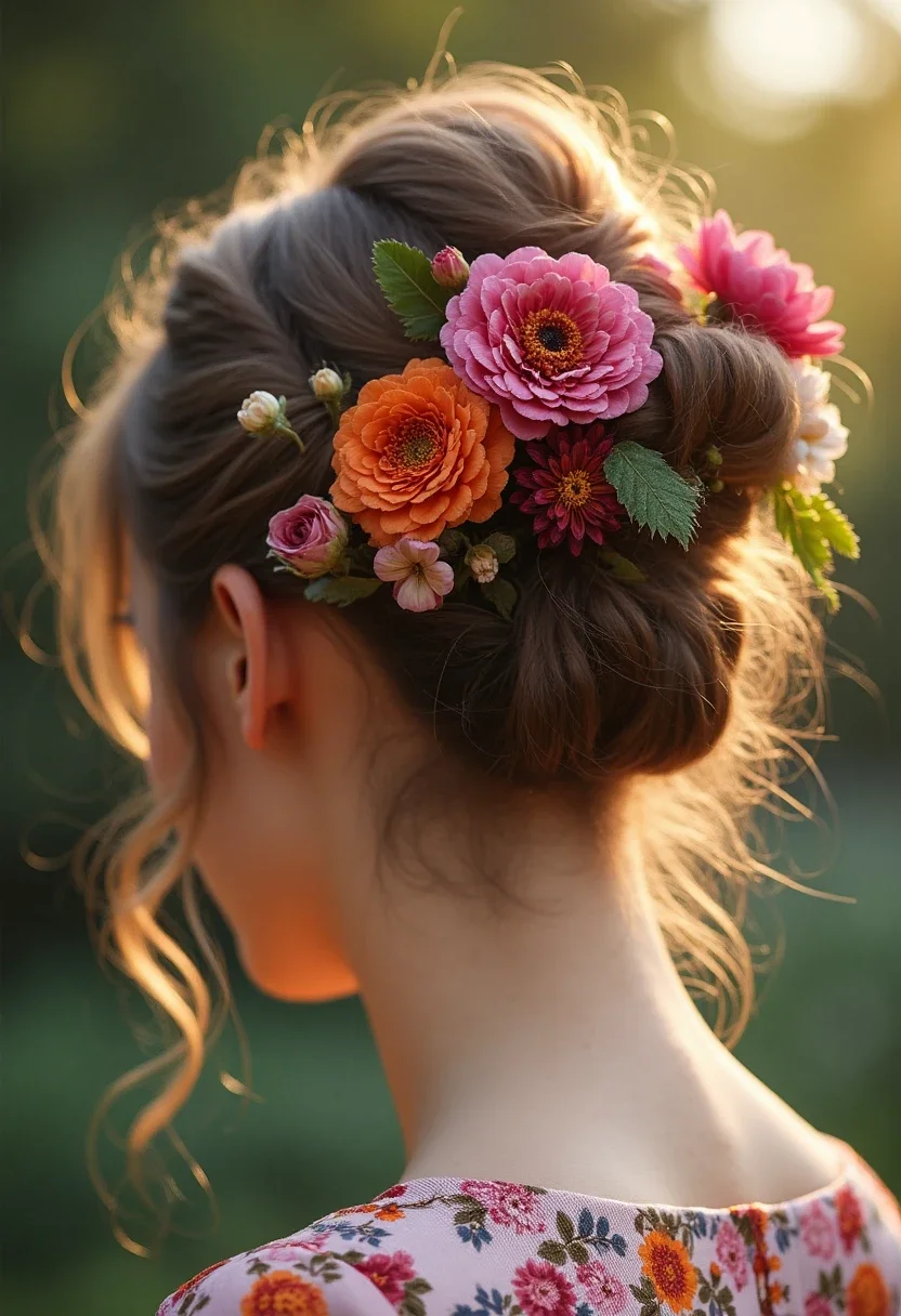 Floral updo with seasonal blooms
