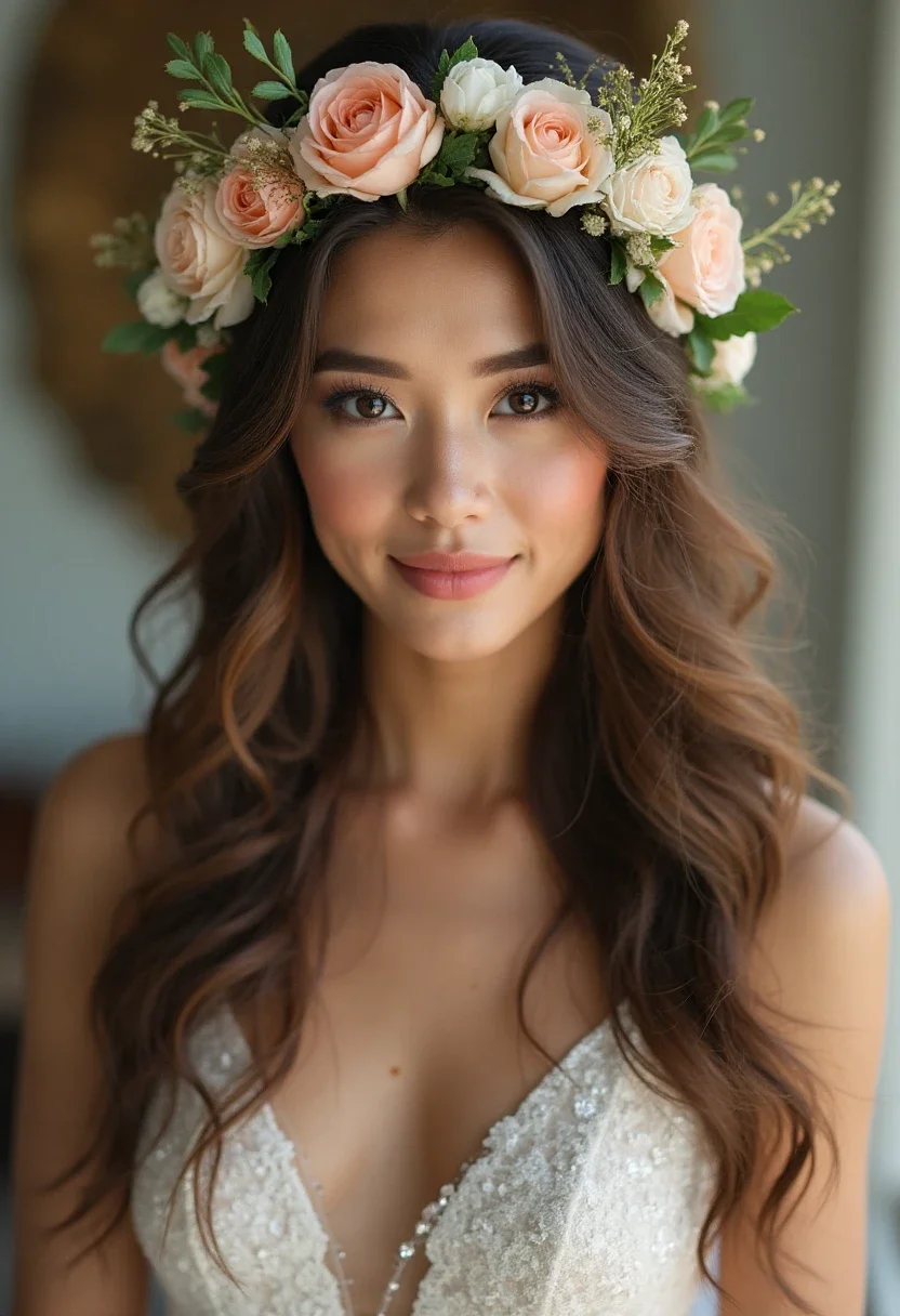 Bridesmaid with long, loose waves and a floral crown.