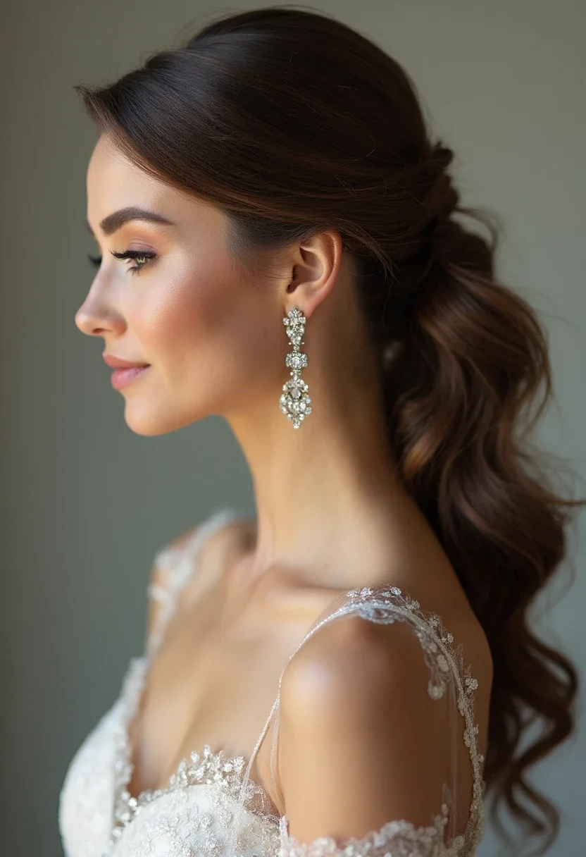 Bridesmaid with an elegant ponytail and statement earrings.
