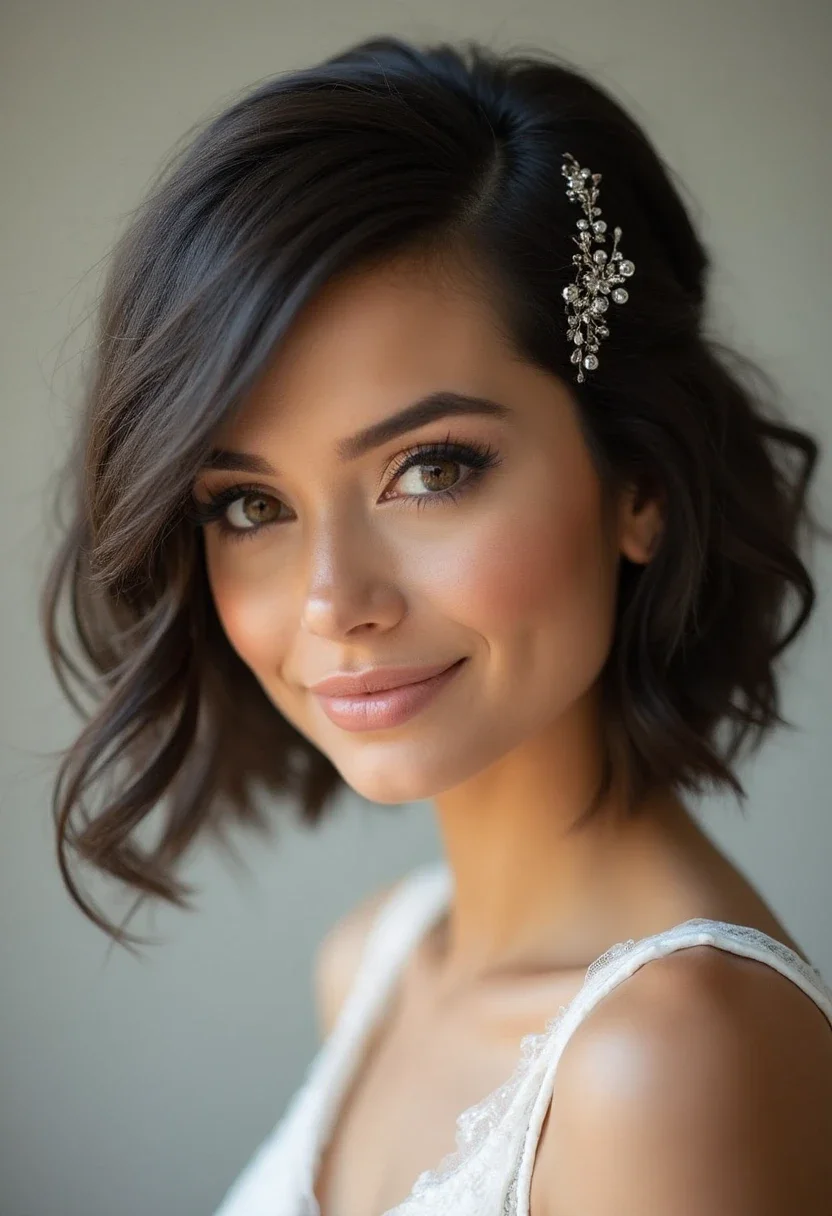 Bridesmaid with a textured bob and decorative clips.