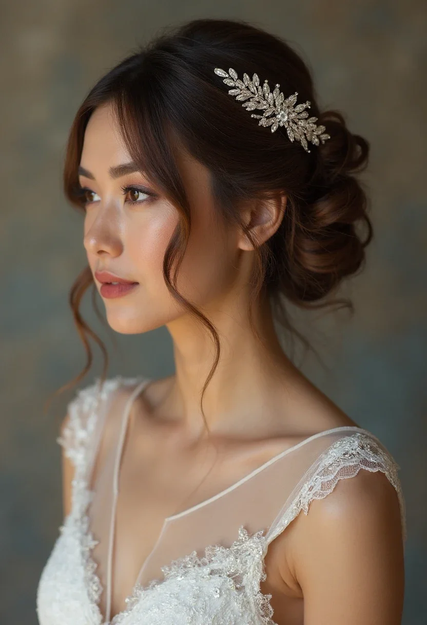 Bridesmaid with a French twist and a jeweled comb.