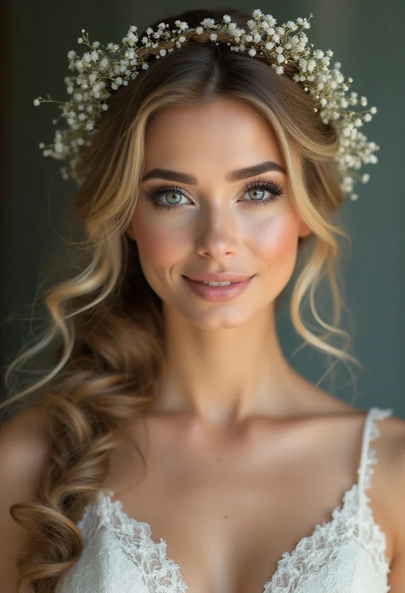 Bridesmaid with a braided crown and small white flowers.