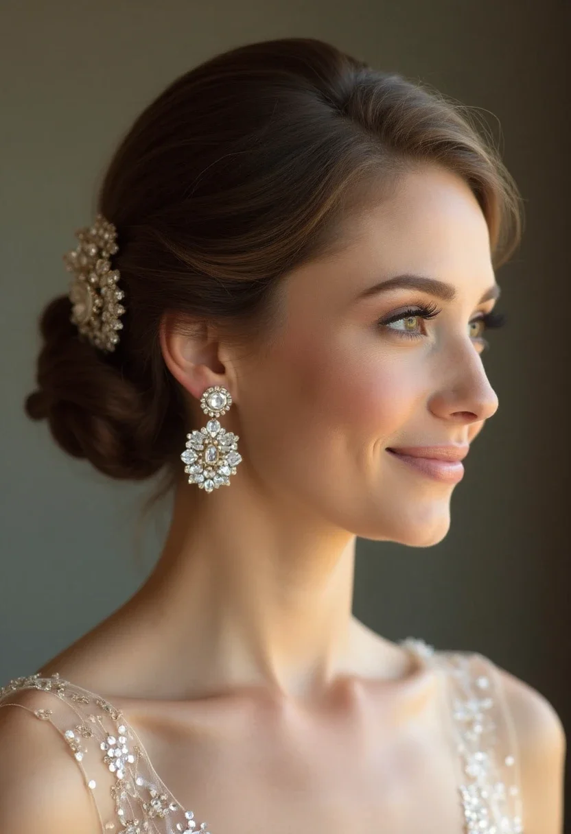 Bridesmaid with a sleek low bun and statement earrings.