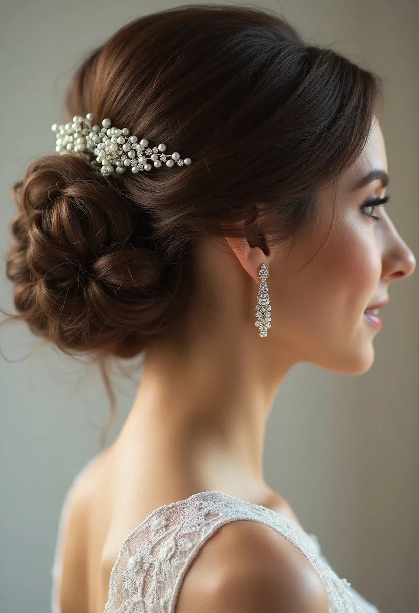 Bridesmaid with a twisted updo and pearl accents.