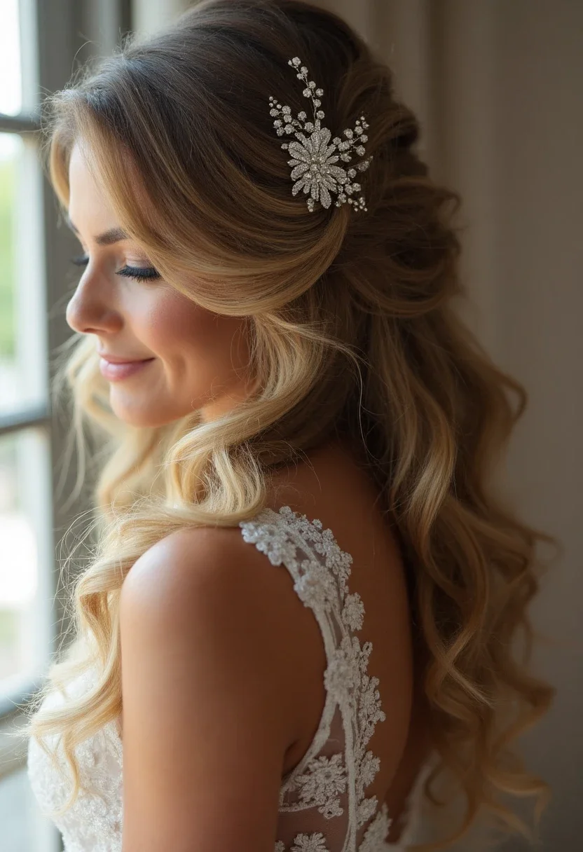 Bridesmaid with glamorous Hollywood waves and a sparkly hair clip.