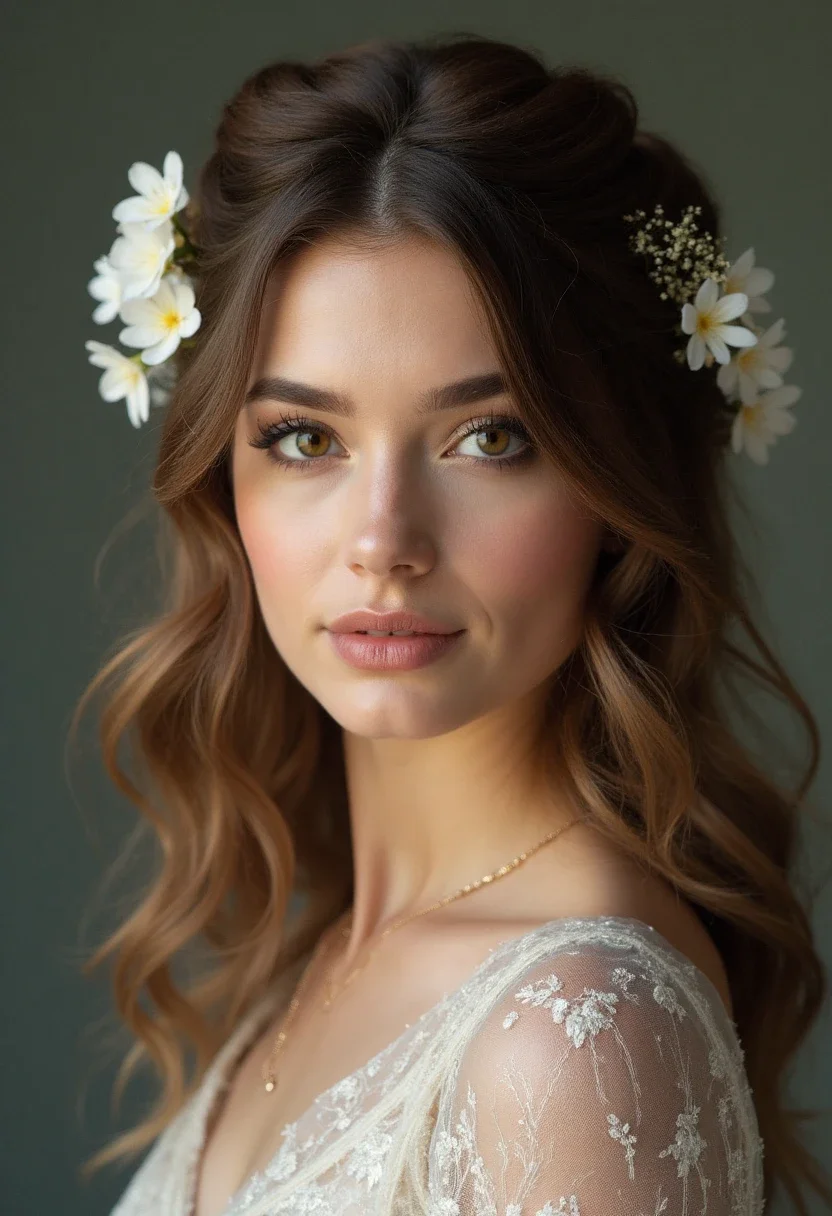 Woman with half-up twisted crown hairstyle and floral accessories.