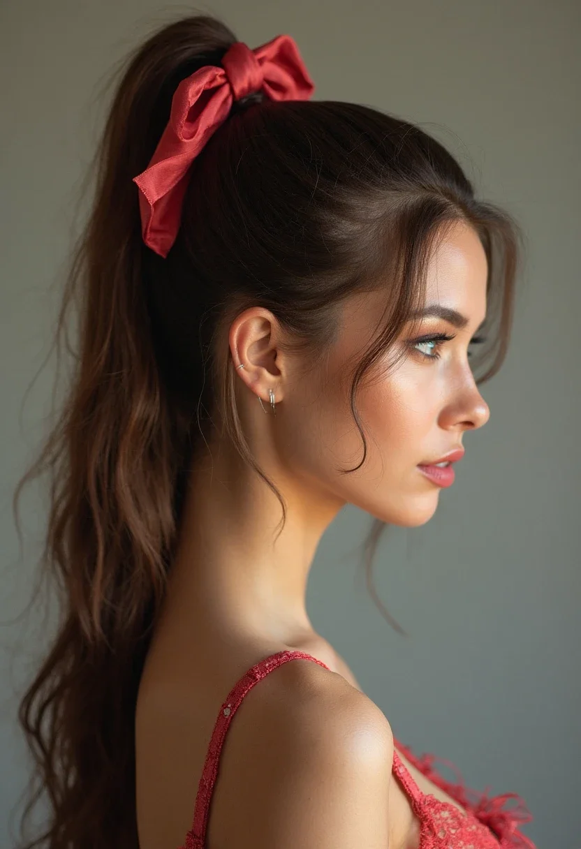 Woman with a high ponytail hairstyle and ribbon accent.
