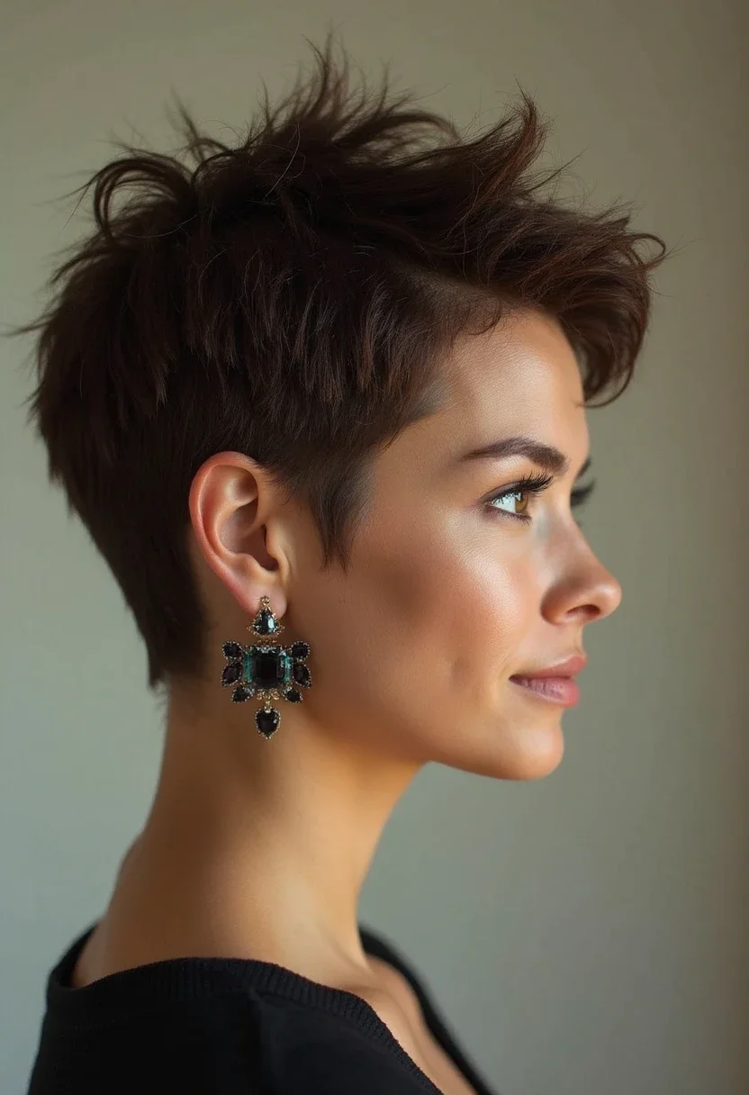 Woman with a textured pixie cut hairstyle and bold earrings.