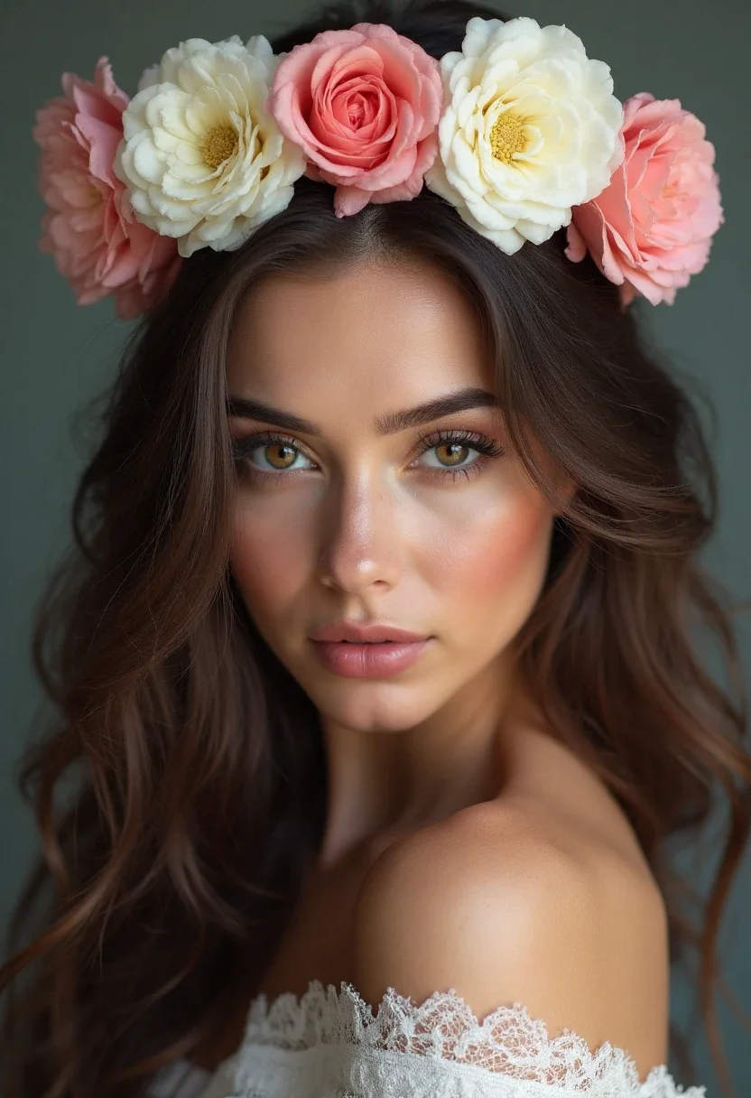 Woman with a floral headband and loose wave hairstyle.