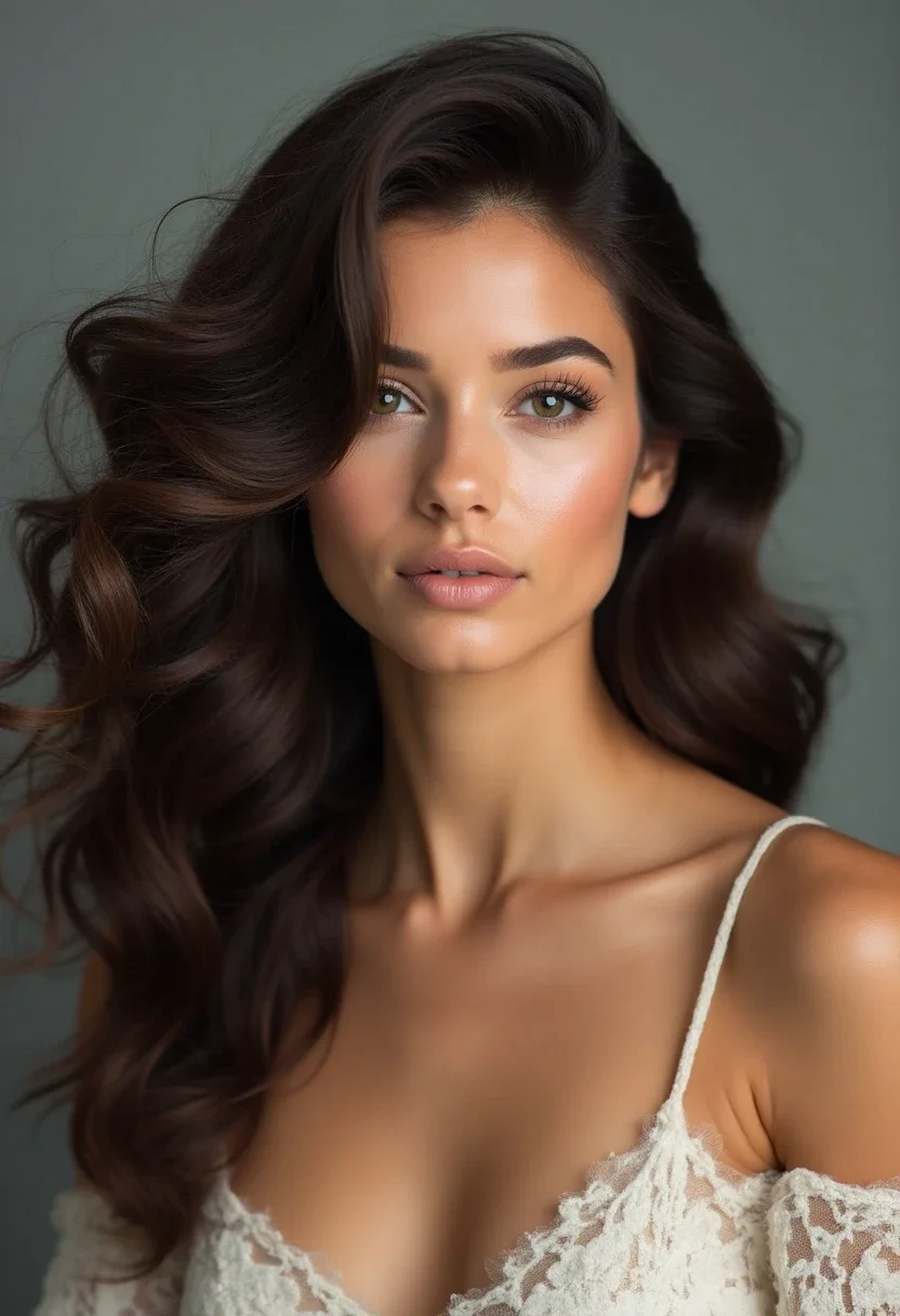 Woman with a voluminous blowout hairstyle.
