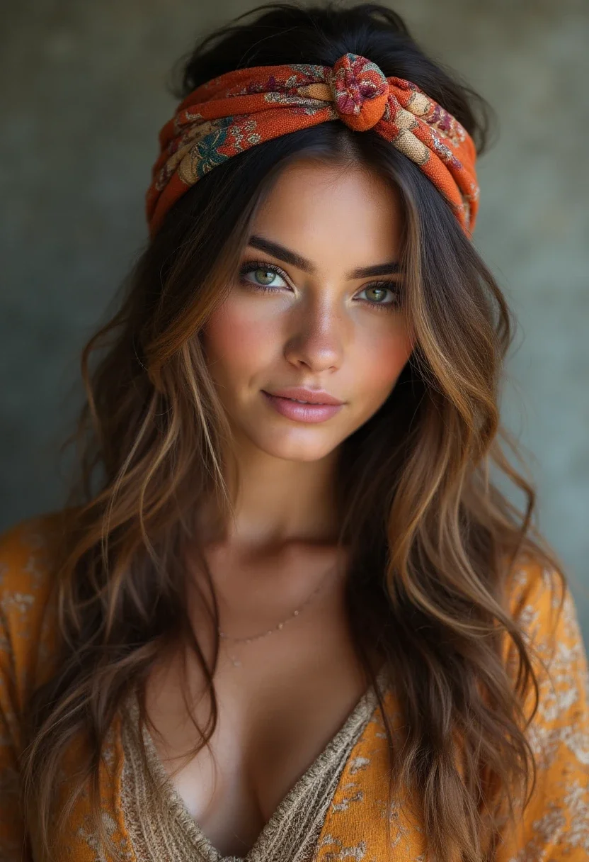 Woman with boho loose waves hairstyle and a headband.