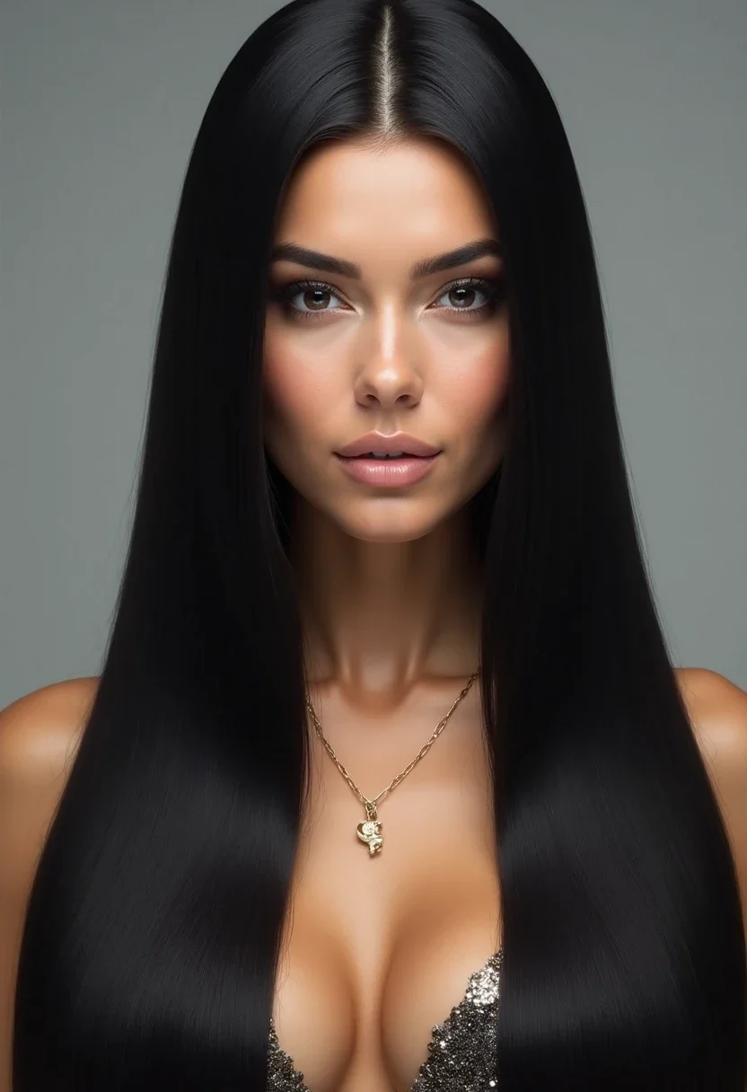Woman with sleek straight hairstyle and minimalist jewelry.