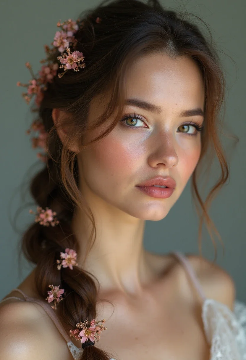 Woman with a romantic side braid and floral accents.