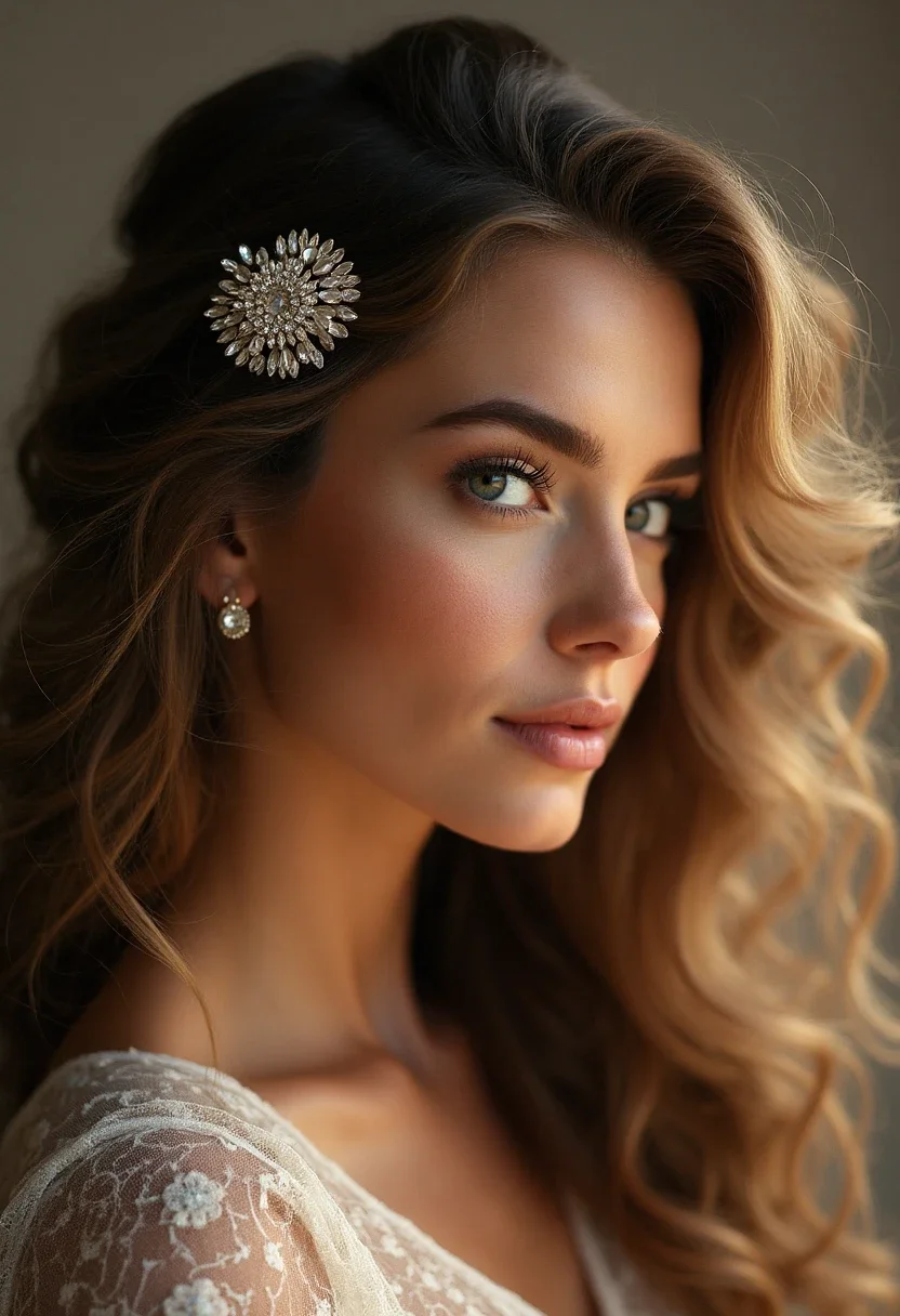 Woman with soft curls and a decorative hair accessory.