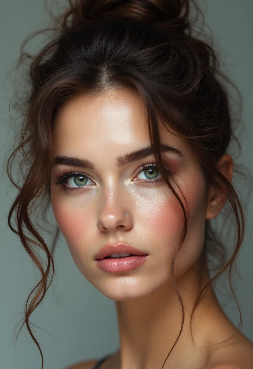 Woman with a chic messy updo hairstyle.