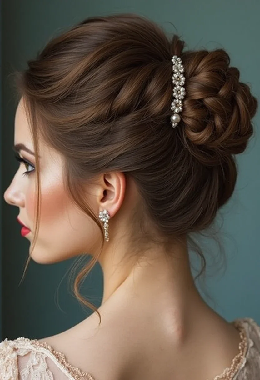 Woman with a braided chignon hairstyle and pearl accessories.