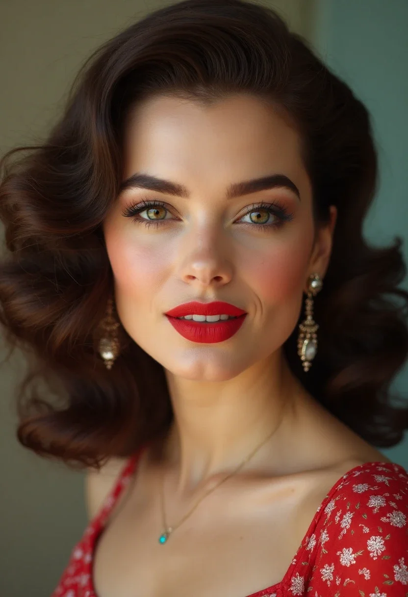 Woman with vintage Hollywood waves and classic makeup.