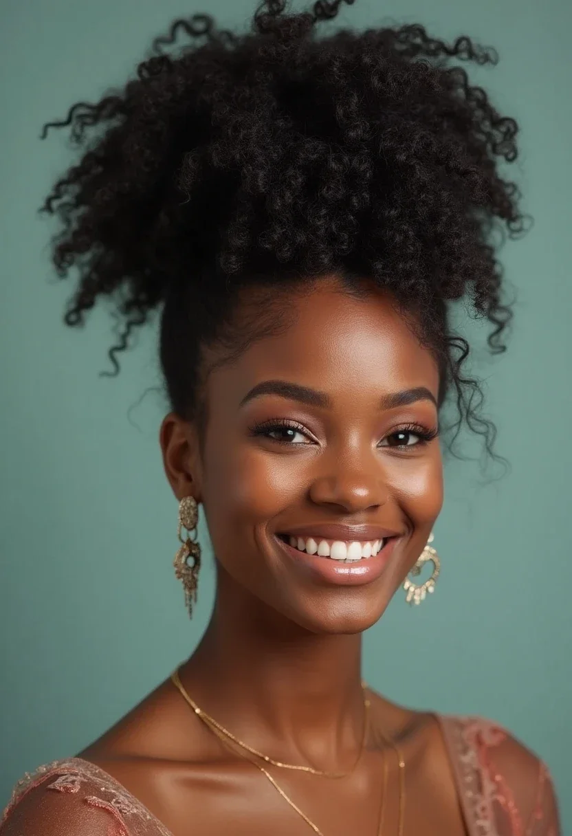 Black woman with a curly pineapple updo hairstyle.