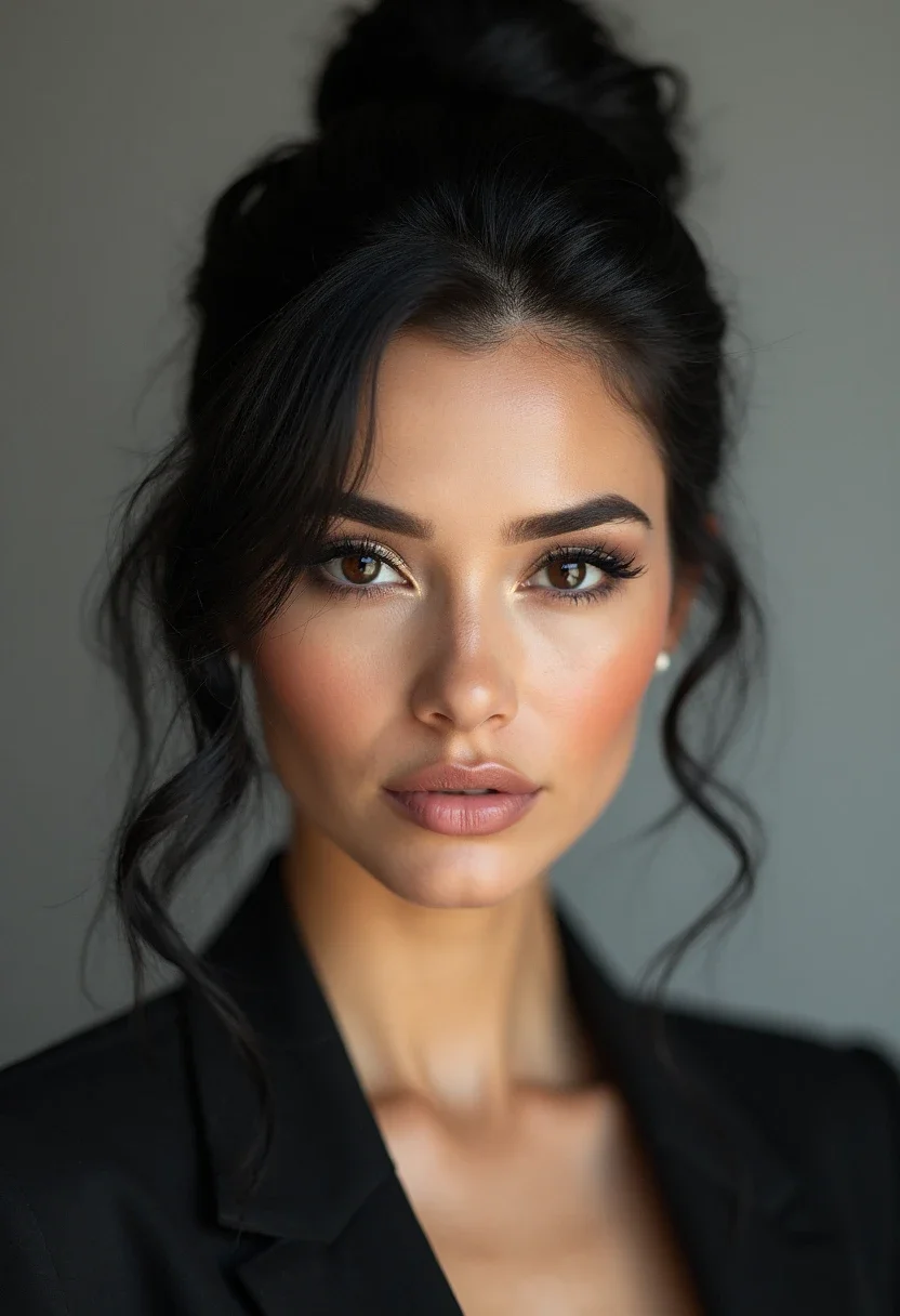Black woman with a sleek top knot hairstyle.