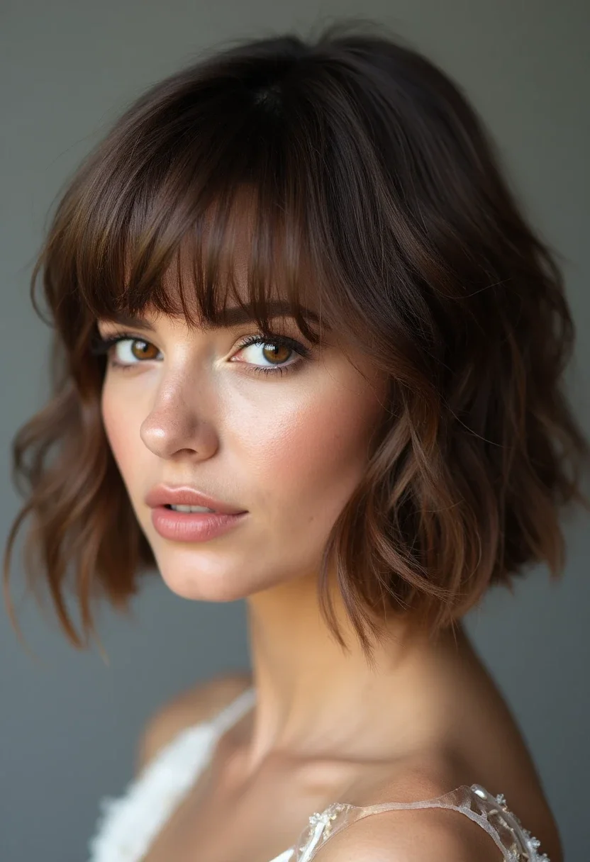 Woman with a layered bob hairstyle, adding volume and movement.