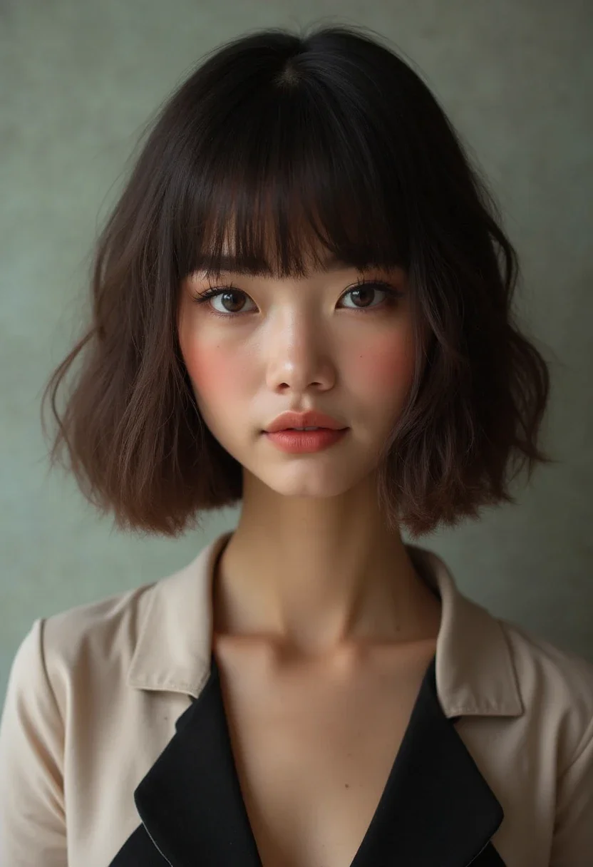 Woman with a bob hairstyle and bangs, stylish and sophisticated.