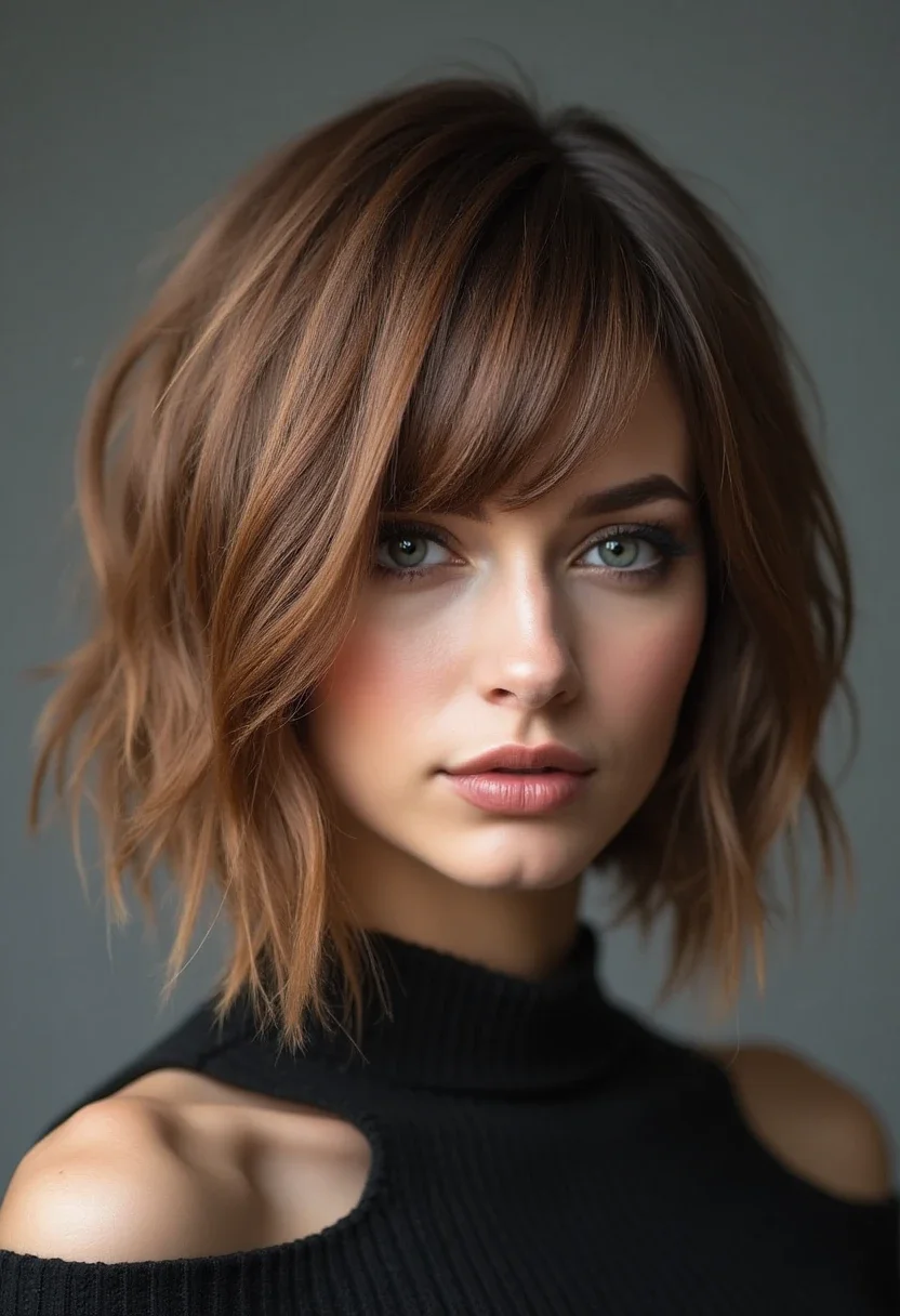 Woman with an inverted bob hairstyle, modern and angled.