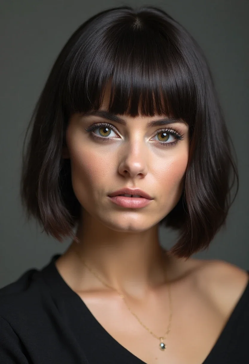 Woman with a blunt bob hairstyle, bold and confident.