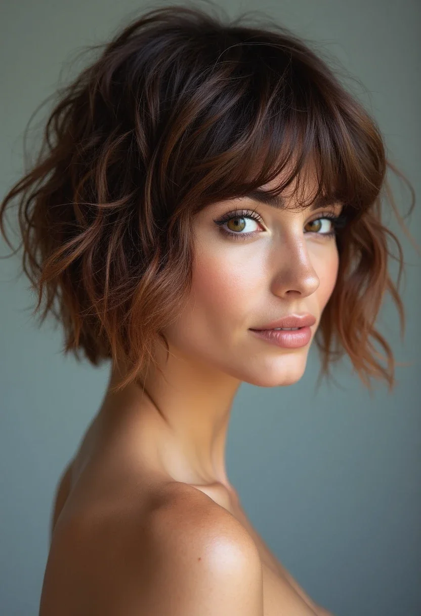 Woman with a textured bob hairstyle, trendy and playful.