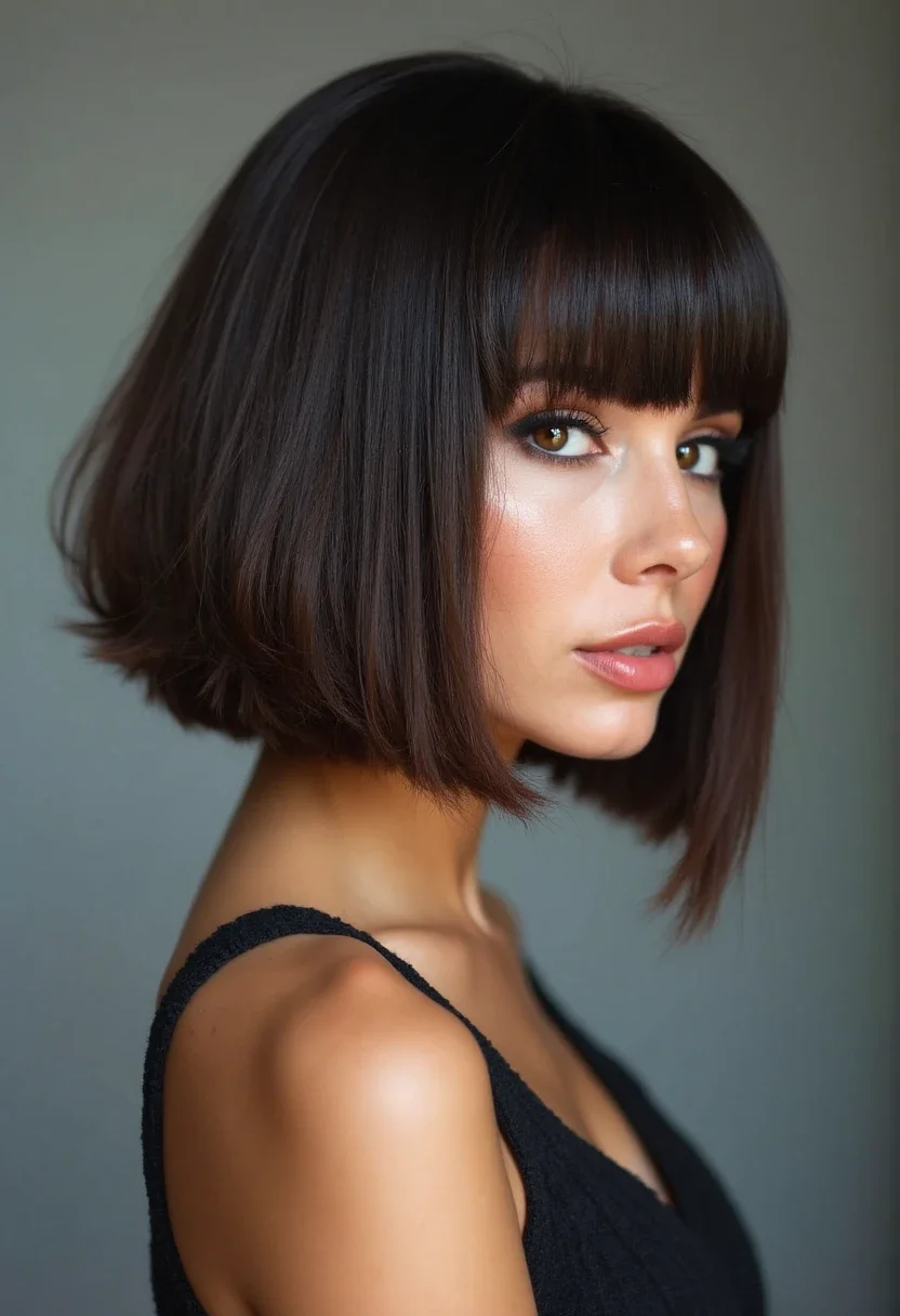 Woman with an asymmetrical bob hairstyle, bold and eye-catching.