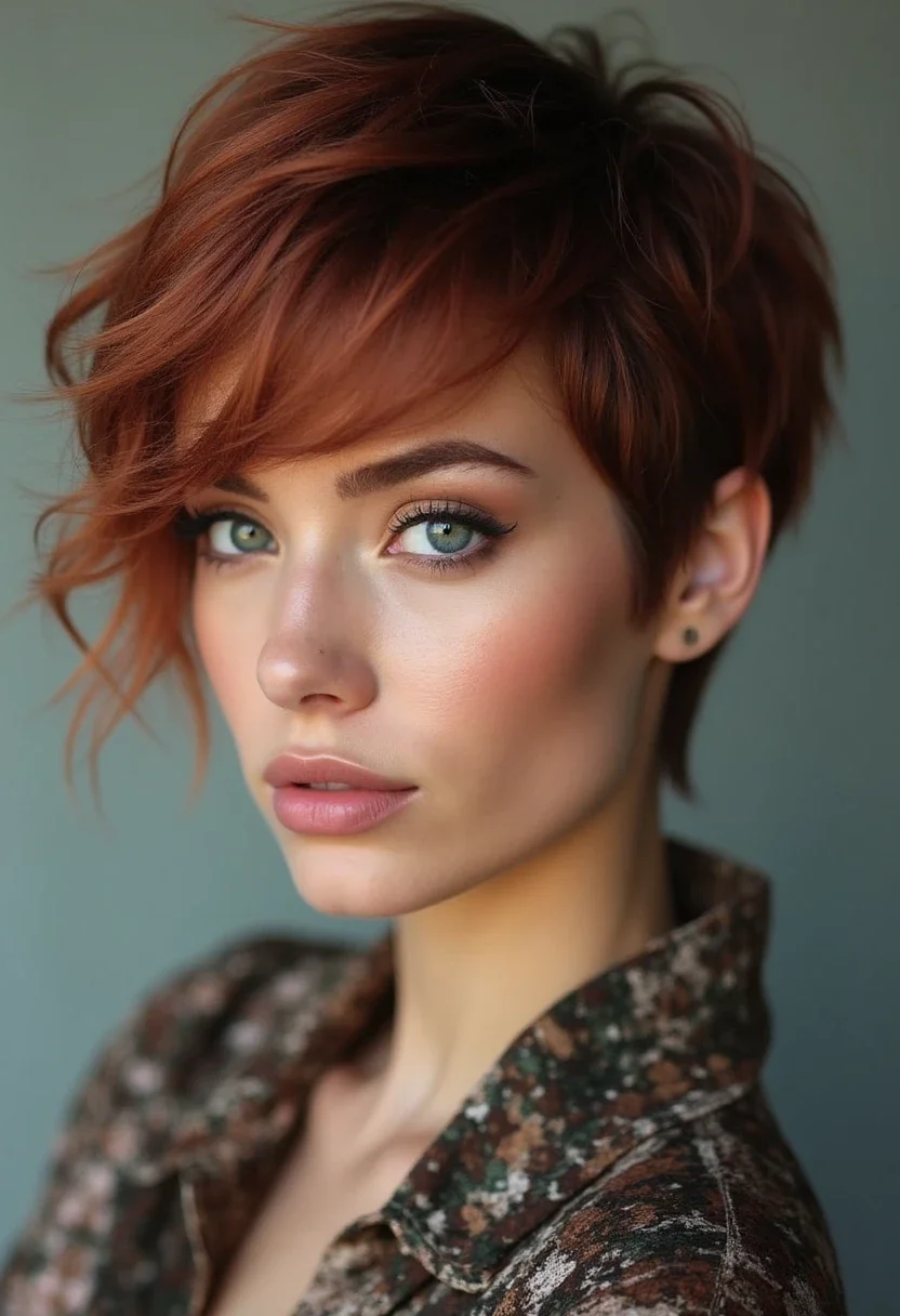 Woman with a pixie bob hairstyle, chic and modern.